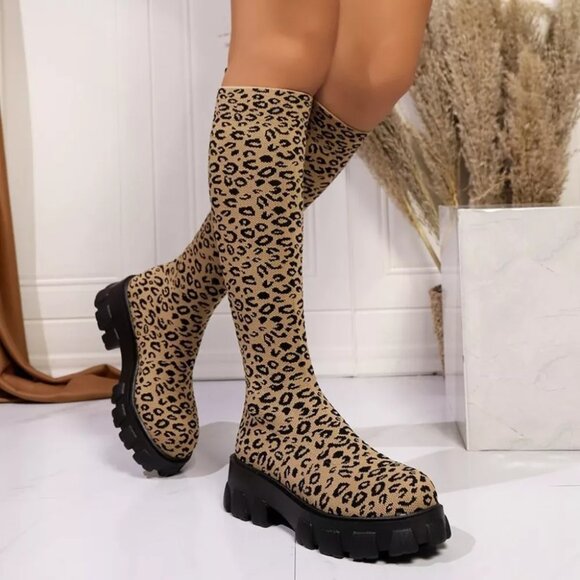 Leopard Chunky Platform Knee High Boots - Picture 6 of 11